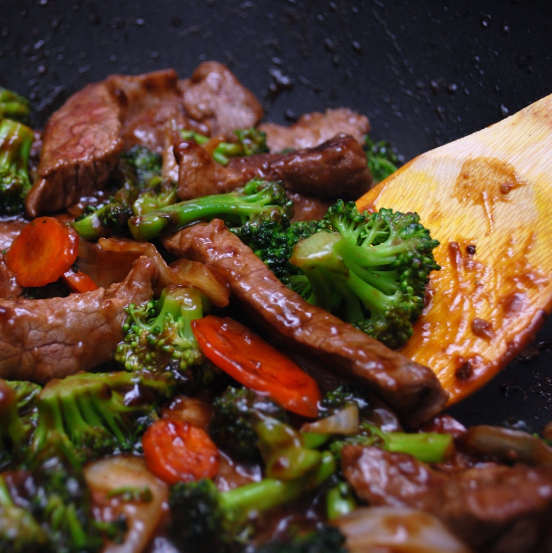 Broccoli beef stir fry with glossy sauce
